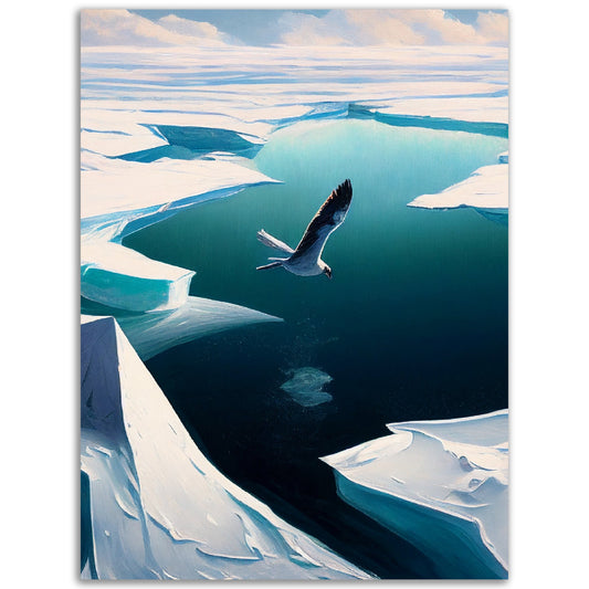 A stunning painting of "Flying Above The New Shore", perfect for creating a captivating ambiance in any room.