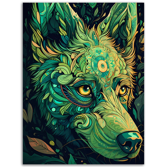 A Forest Spirit Dog painting featuring leaves, perfect as a wall art for room décor.
