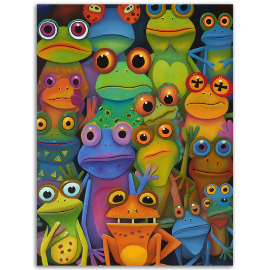 A Pop Art collection of colorful Froggy Friends on a black background, perfect for adding a pop of color to any room as wall art.