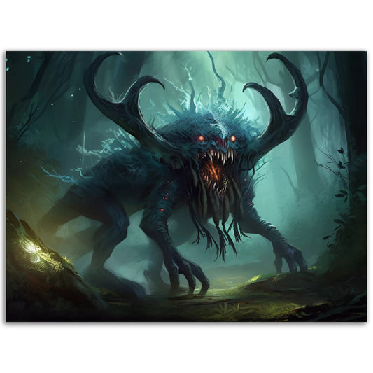 A menacing demon lurking amidst the hauntingly beautiful woods, showcased in a captivating From The Swamps It Came colored wall art.