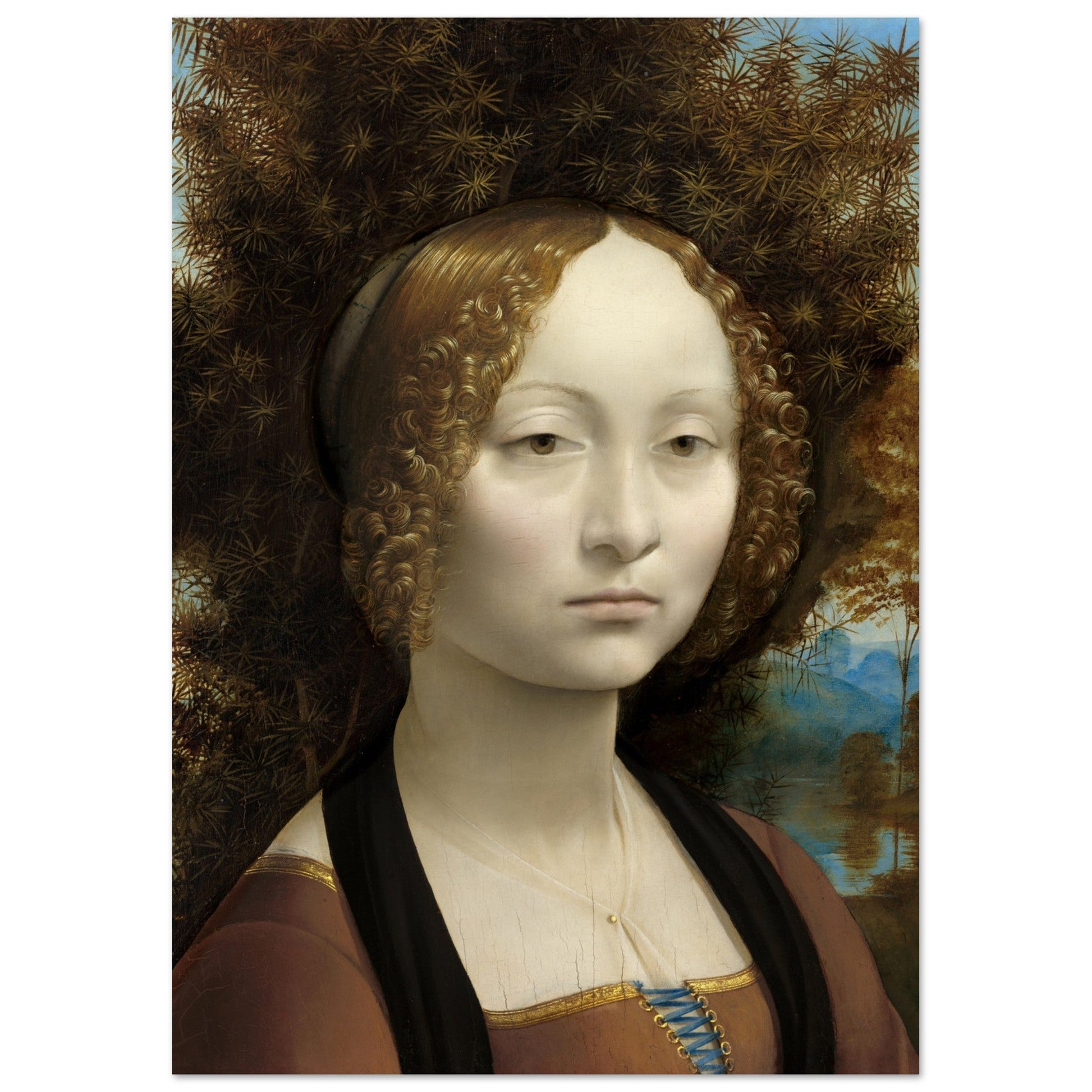 A beautifully colored wall art depicting Ginevra de' Benci, perfect as a poster for room decor.