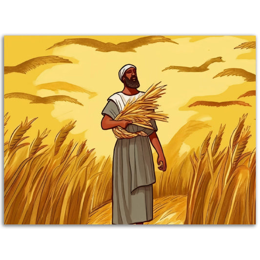 A mesmerizing Glorious Bounty depicting a man gracefully walking through a picturesque wheat field, perfect for posters in any room.
