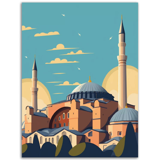 A stunning colored wall art poster of the Hagia Sophia in Istanbul, perfect for adding a touch of elegance to any room.