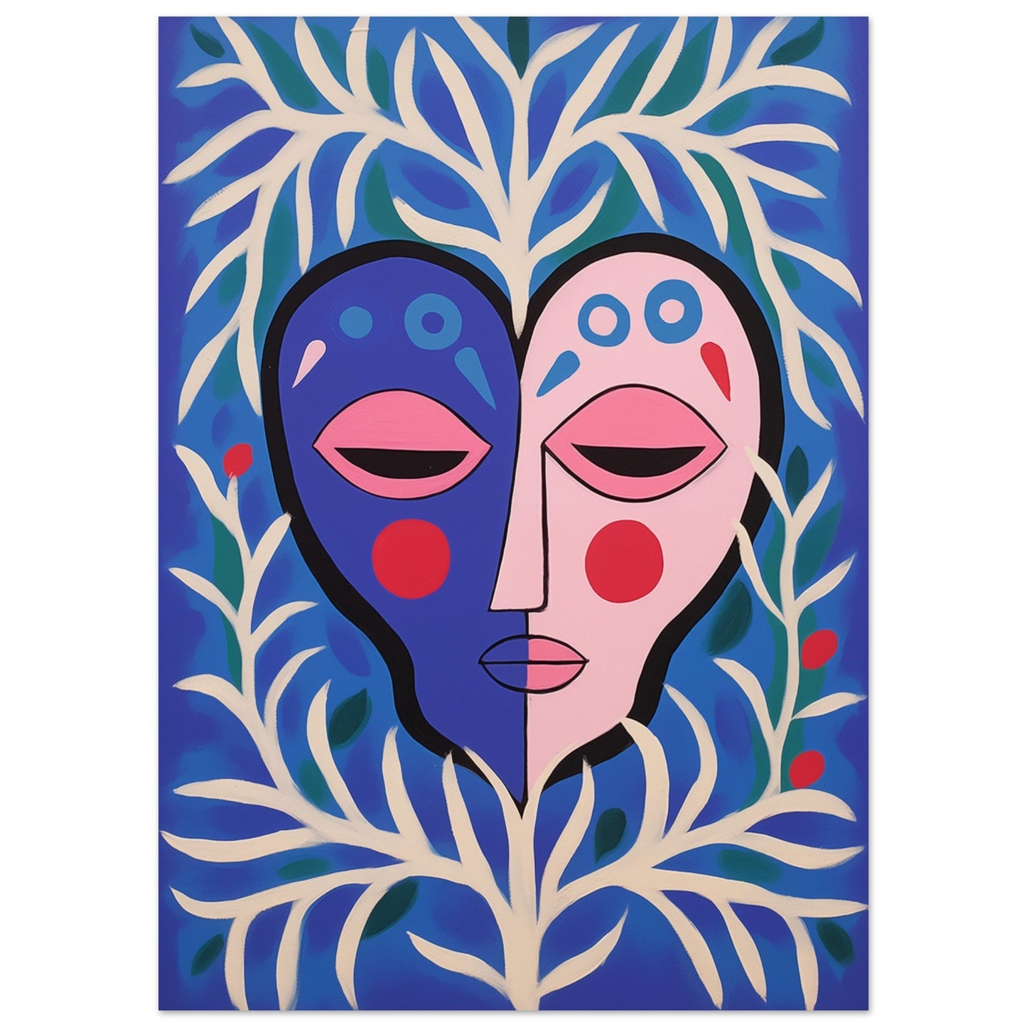 A Harmony in Duality wall art featuring a tree-shaped painting with two faces.