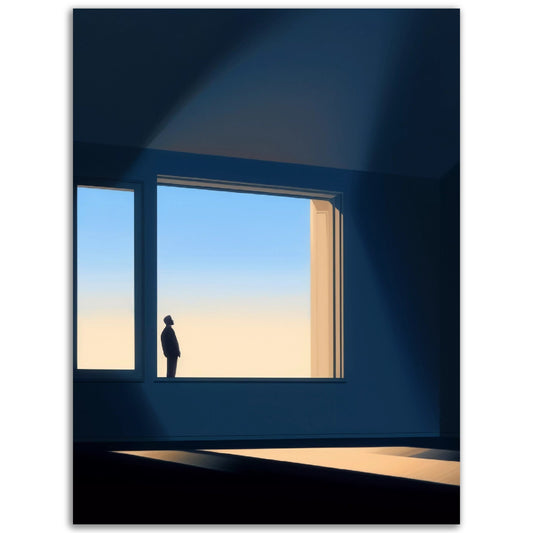 A colored wall art poster of "He Stands Waiting" looking out of a window.