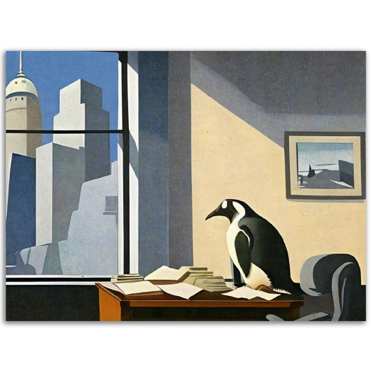 A penguin sitting at a desk in front of a city, showcased as a Pop Art piece of High Flyer Wall Art. Perfect for adding personality to any space, whether it be poster room decor or part