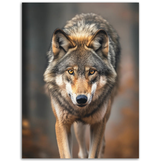 A stunning Hunting Wolf wall art featuring a majestic wolf walking in the woods. Perfect for adding a touch of wilderness to any room, this poster is sure to captivate nature enthusiasts and fans of wildlife.