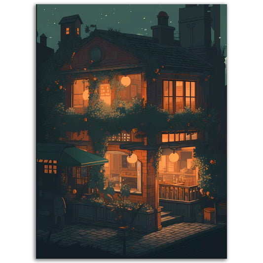A stunning Illustrated Bit Home wall art poster of a house at night, perfect for adding a touch of uniqueness to your room.