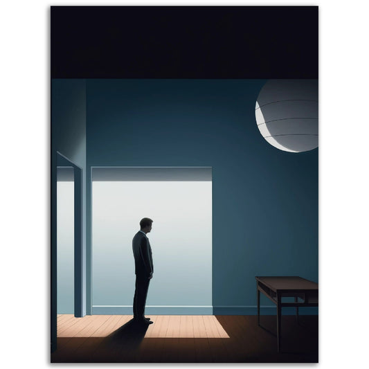 A man in a suit standing in front of an open door, featured as Immaterial Possession's striking colored wall art.