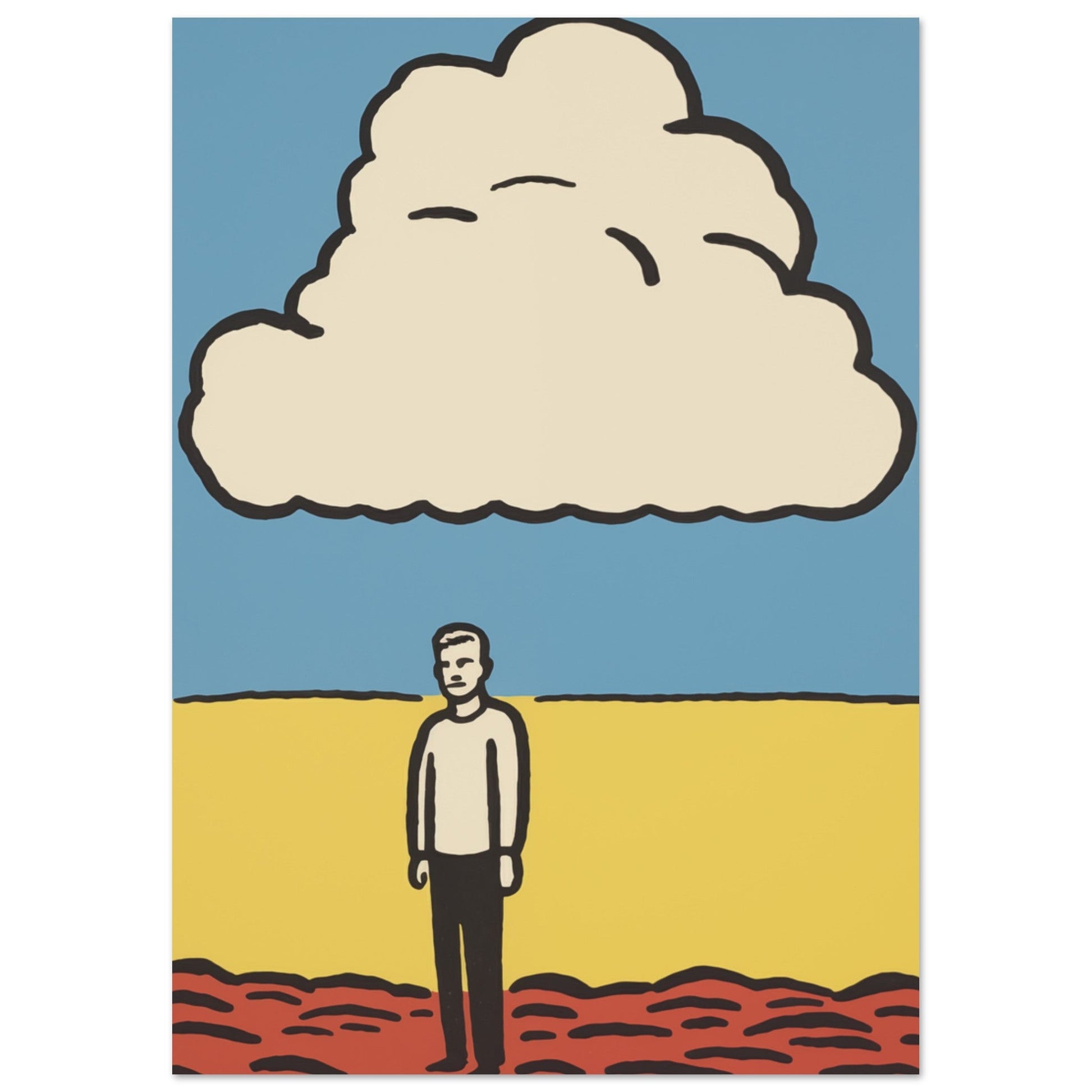 A man standing in the middle of a field with a cloud above him, showcased as an impactful colored In Reverie wall art.