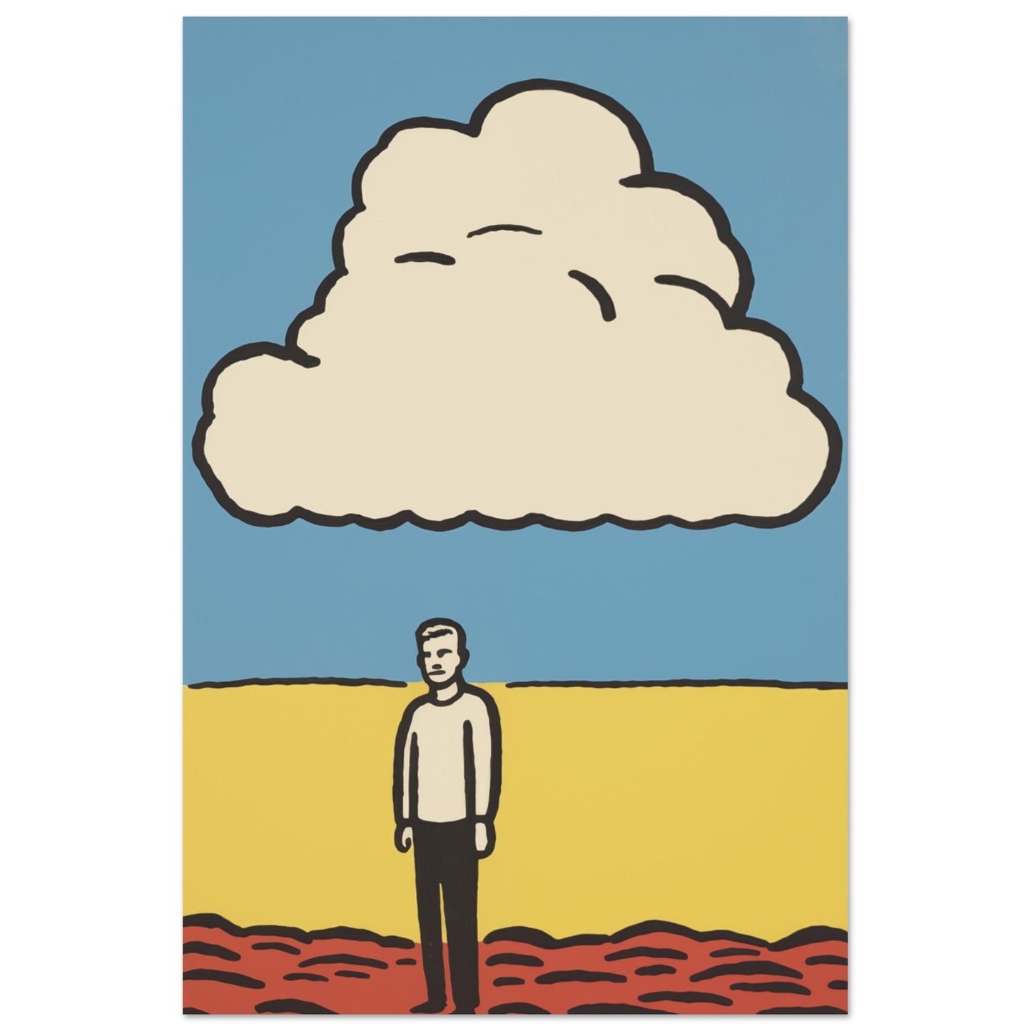 A colored wall art of In Reverie, a man standing in front of a cloud.