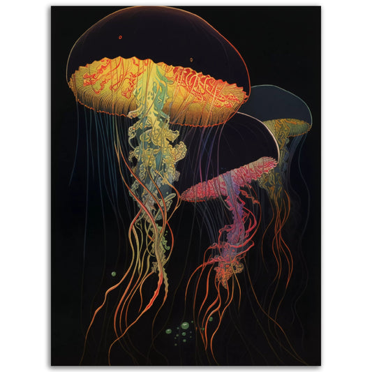 Three Jellyfish At Night on a black background, perfect for adding a touch of color to your room with this stunning wall art poster.