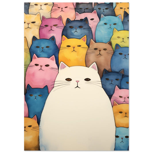 A white Animals in the middle of a group of colorful Animalss, creating a striking and Pop Art Kaleidoscope of Felines.