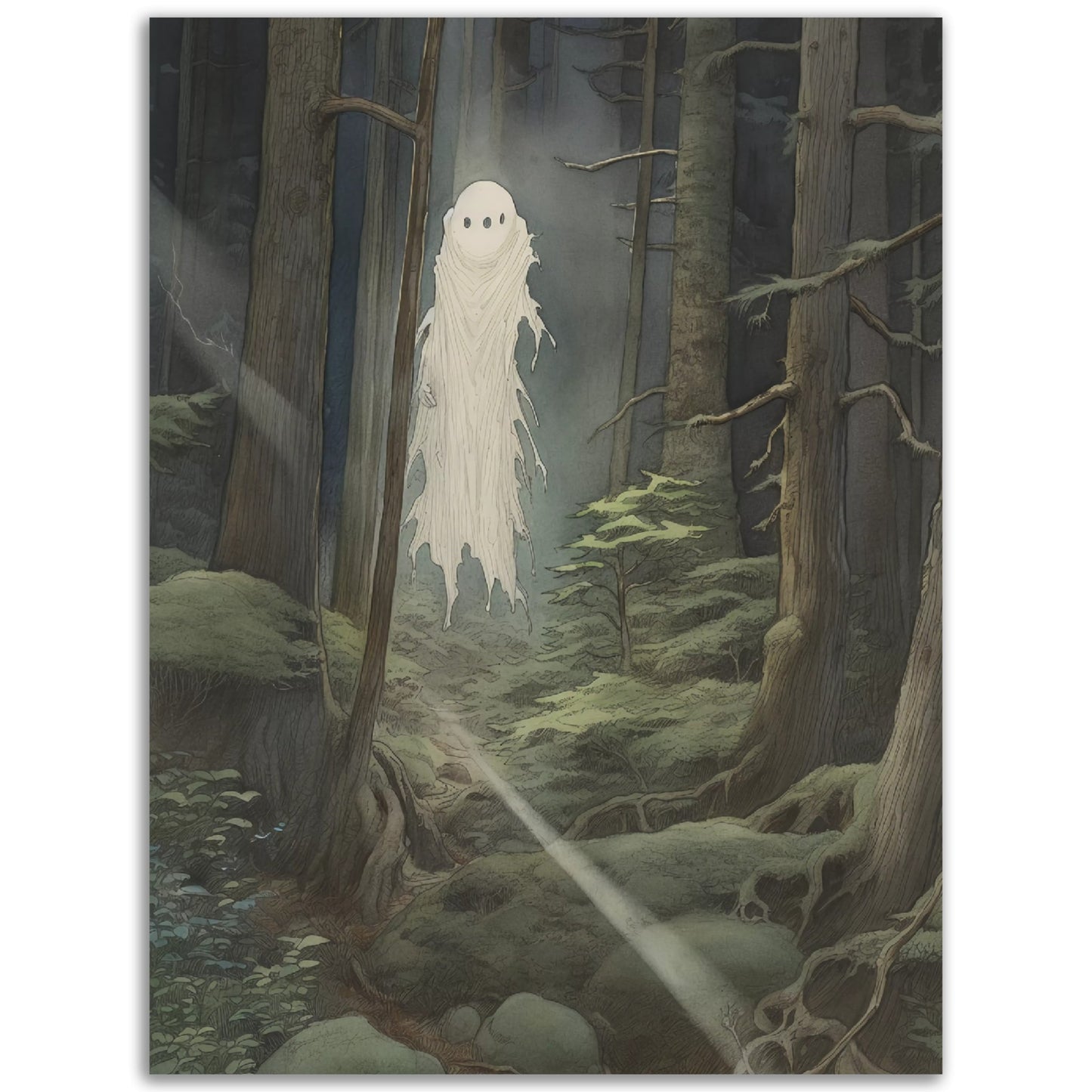 Description: A haunting poster of a Kodama Forest Spirit 4 gracefully lurking amidst a wooded landscape. Perfect for adding a touch of whimsical mystique to any room decor or poster wall art collection.