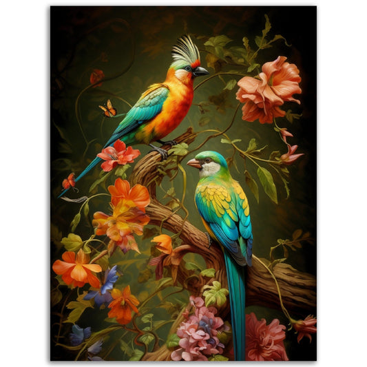 Two Long Tailed Color Birds posters of colorful parrots sitting on a branch with flowers.