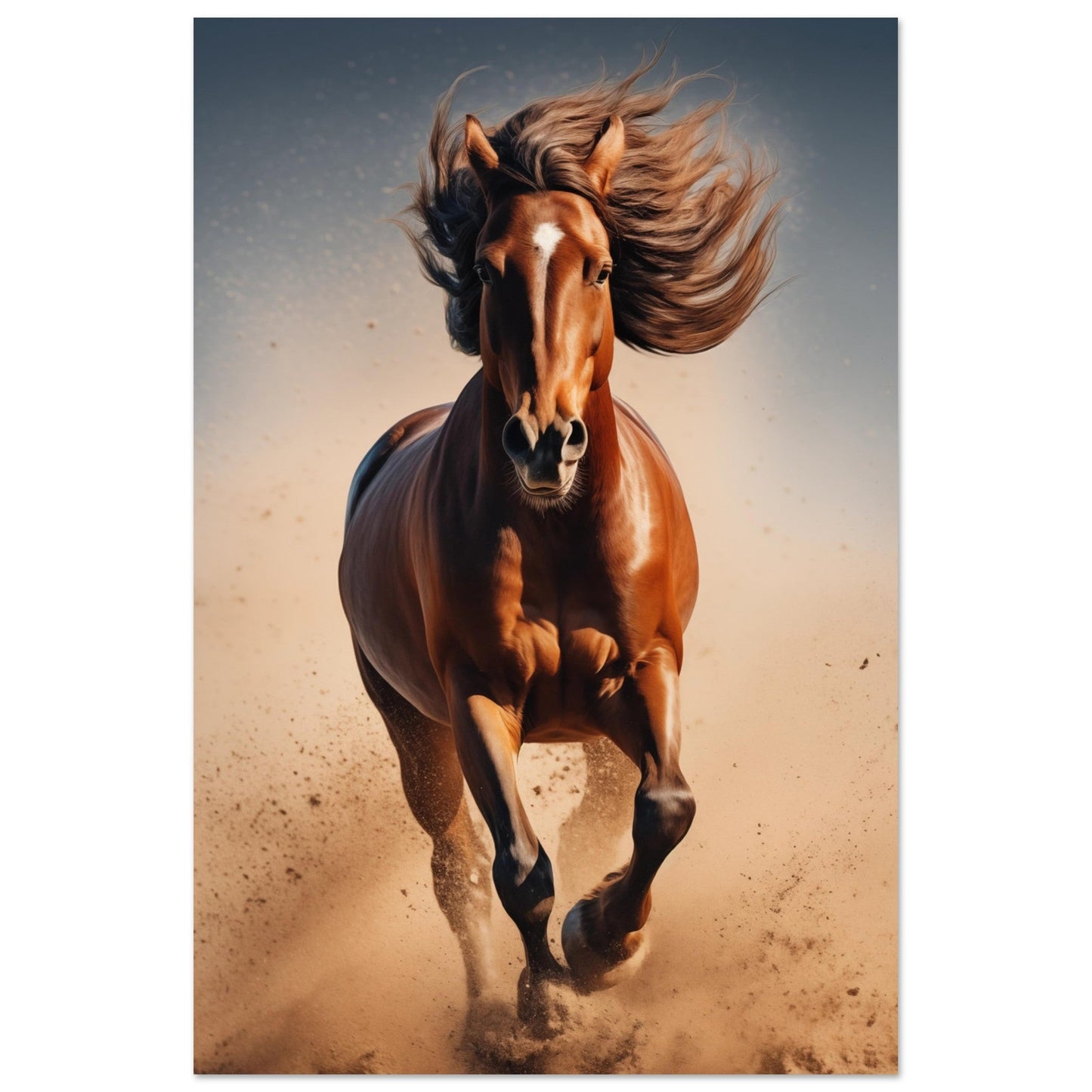 A Majestic Sprint running in the sand with its mane blowing in the wind. Colored Wall Art.