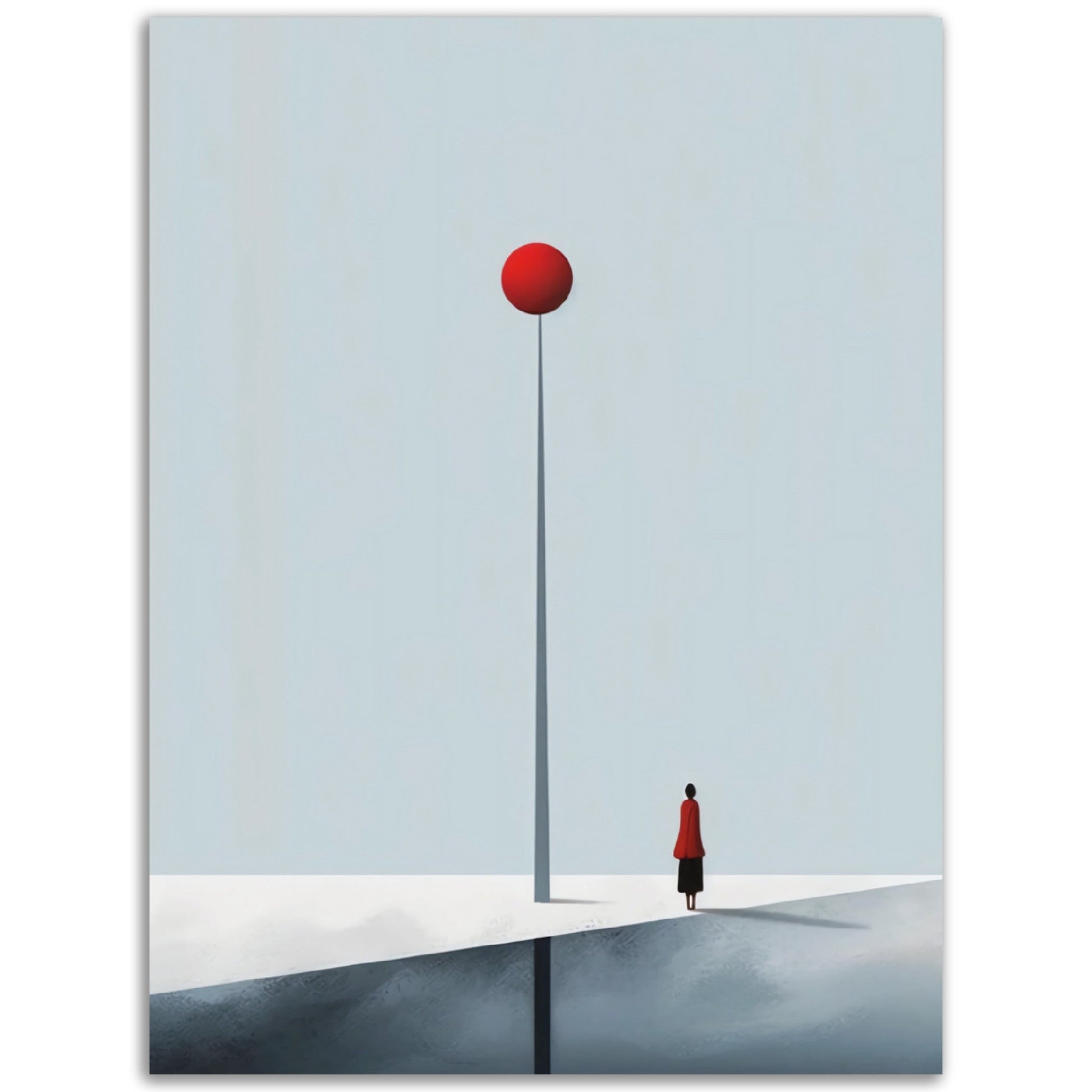 A Pop Art colored Matters of A Moment displaying a woman gracefully strolling down a street, accompanied by a striking red ball.