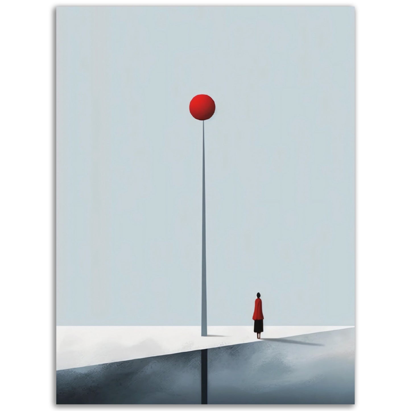 A Pop Art colored Matters of A Moment depicting a person strolling down a street with a striking red ball.