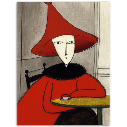 An exquisite colored wall art of Molly of The Red Hat sitting at a table.