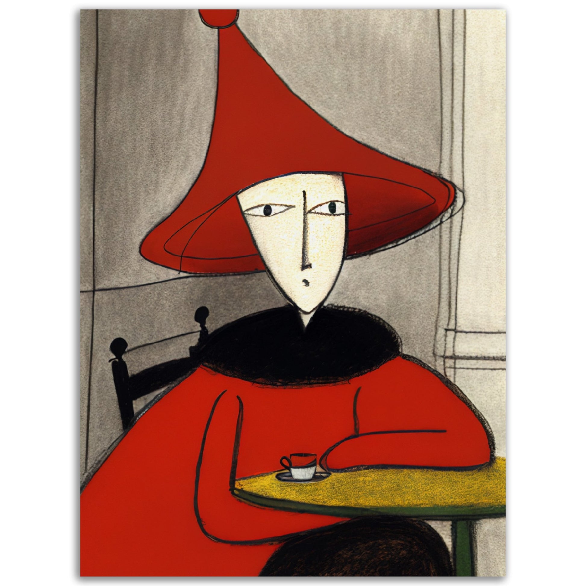 A drawing of Molly of The Red Hat, sitting at a table, perfect for colored wall art.