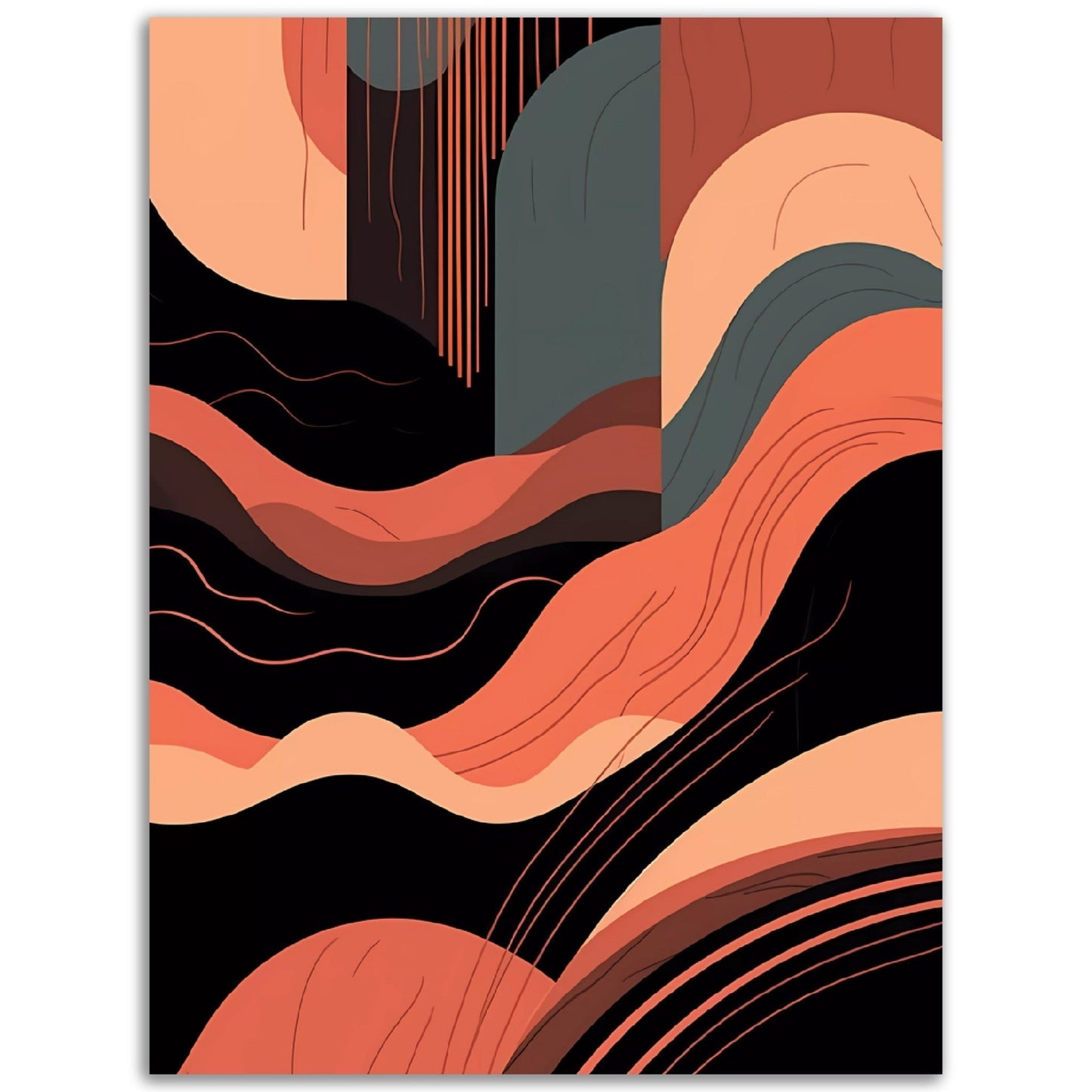 A black and orange Muted Waves art print, perfect for wall art or as a poster for your room.