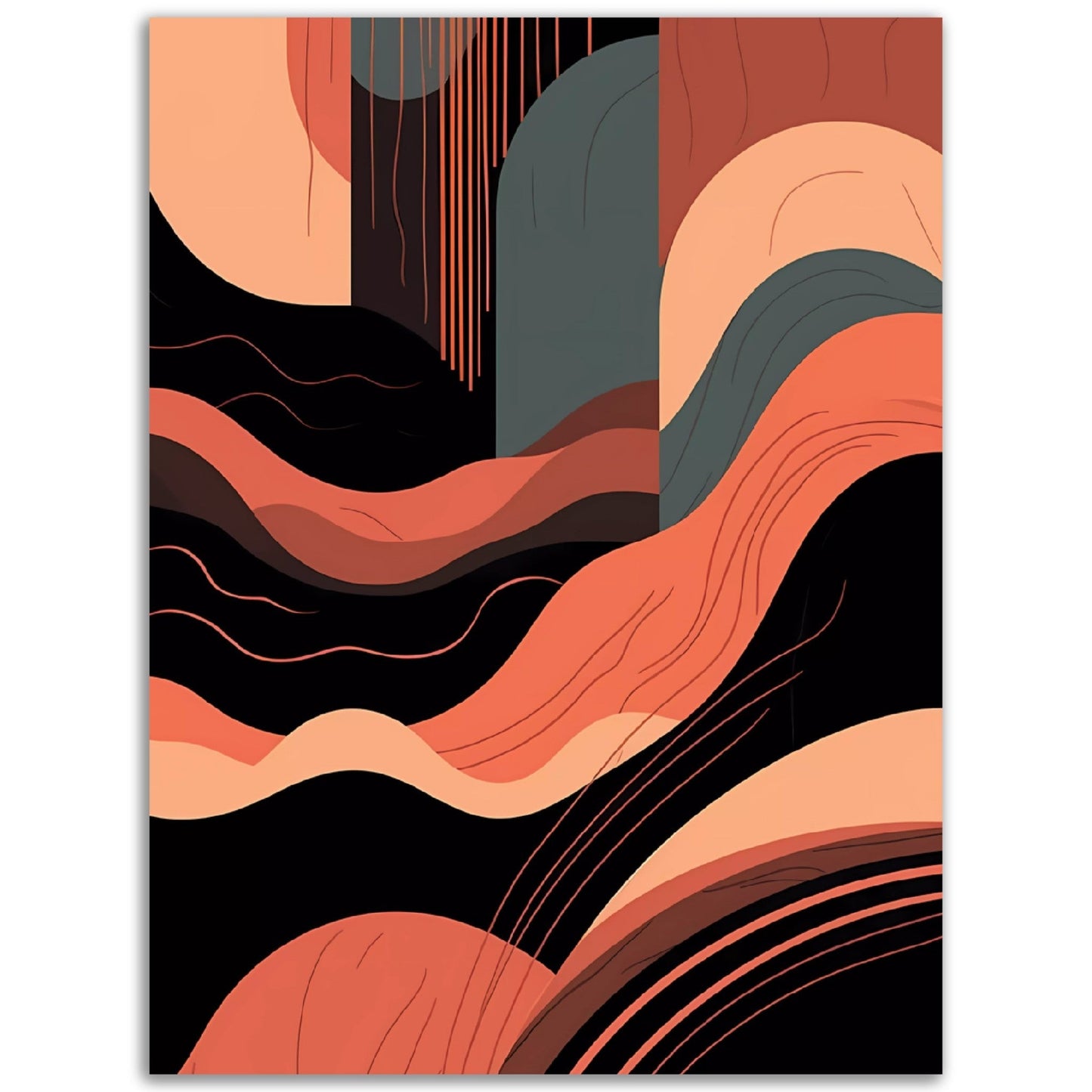 A black and orange Muted Waves art print, perfect as a poster for room decor.