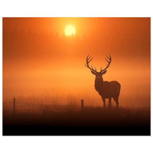 A deer standing in a field at sunset, perfect for Mystic Monarch posters for room or colored wall art.