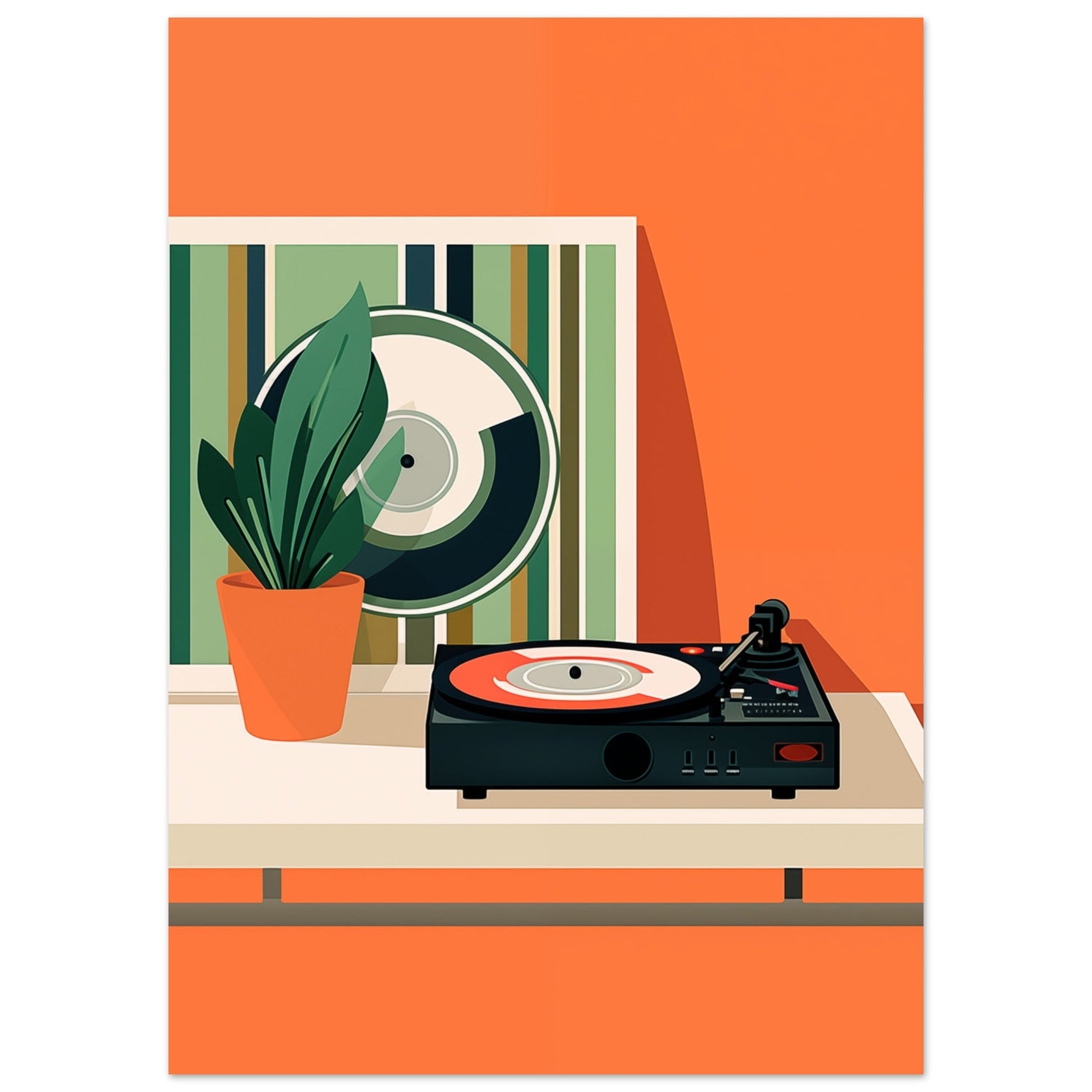 A high-quality Needle & Leaf featuring a turntable and a plant on a Pop Art orange background.