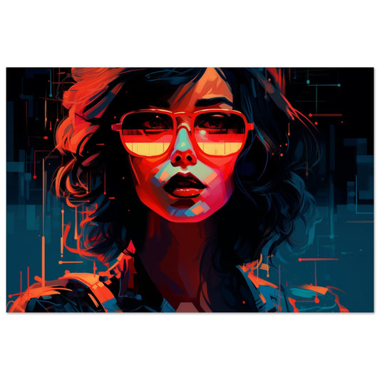 A high quality image of a woman wearing Neon Gaze sunglasses, perfect for poster wall art in any room.