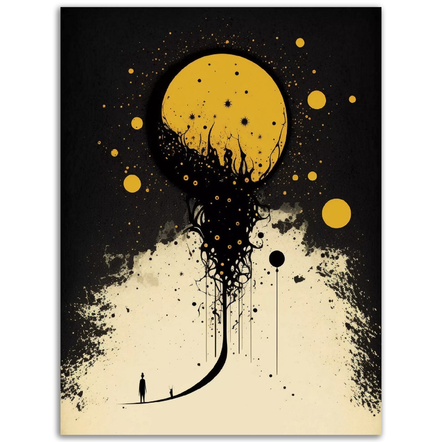A high quality black and yellow Organic Growth To The Universe featuring an image of a tree and a moon. Perfect for adding colored wall art to any room.