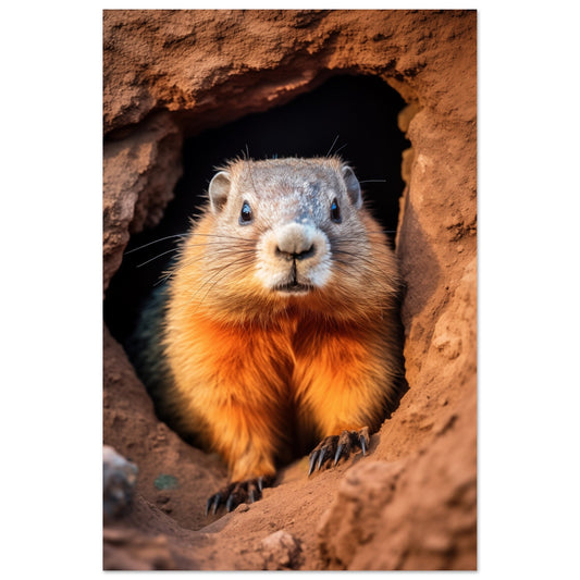 A Peekaboo Marmot peeking out of a hole in the ground, perfect for high quality posters or room decor.