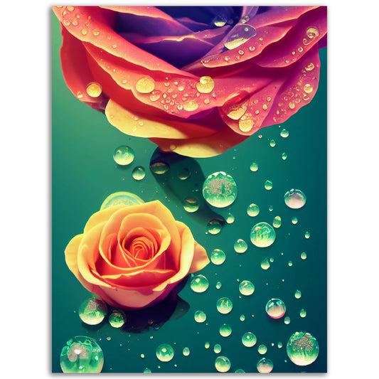 A Pop Art Petalled Reflection with water droplets on a green background, perfect for adding an artistic touch to any room.