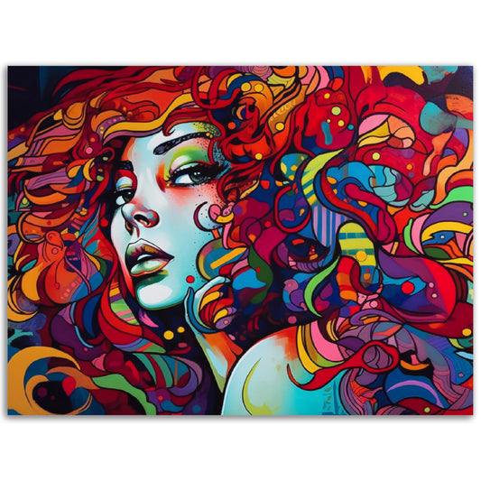 A Pop Art, Abstract Art painting capturing a woman with beautifully colored hair adorning Point of Principle posters, perfect for adding a pop of color to any room or as eye-Animalsching colored wall art.
