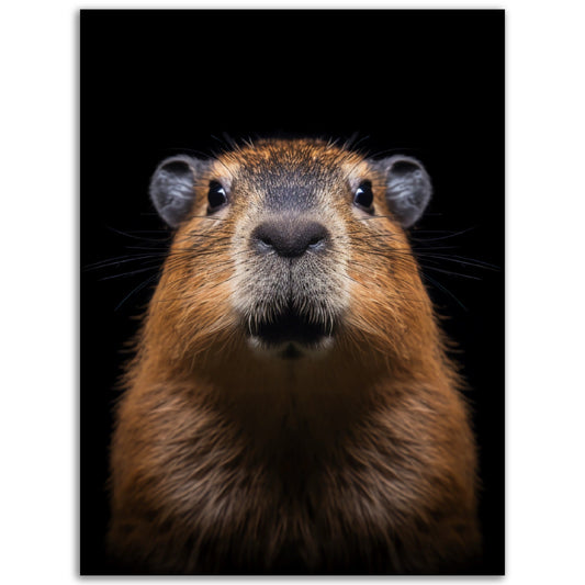A black and white photo of a Portrait of a Capybara on a black background, perfect for high quality posters or poster wall art.
