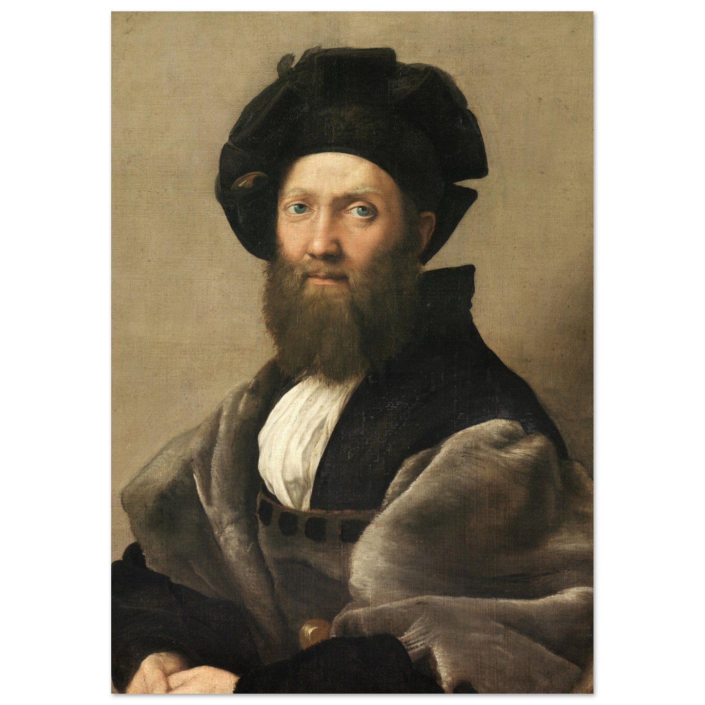 A high quality Portrait of Baldassare Castiglione poster depicting a bearded man with a beard, perfect for decorating any room.