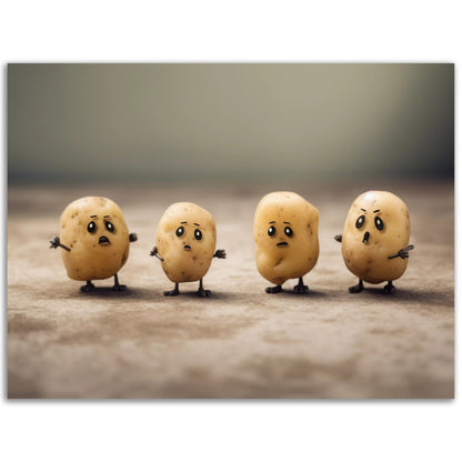 A group of Potato Drama standing in a row that make for unique and eye-Animalsching colored wall art.