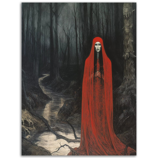 A high quality Red Banshee Awaits wall art poster showcasing a picturesque scene of a red cloak in the woods. Perfect for adding a touch of nature-inspired beauty to any room.