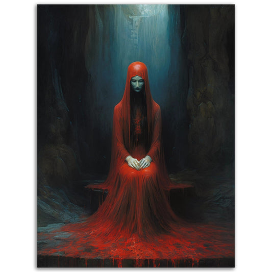 A Red Lady sitting in a cave portrayed in a captivating and Pop Art Poster Wall Art.