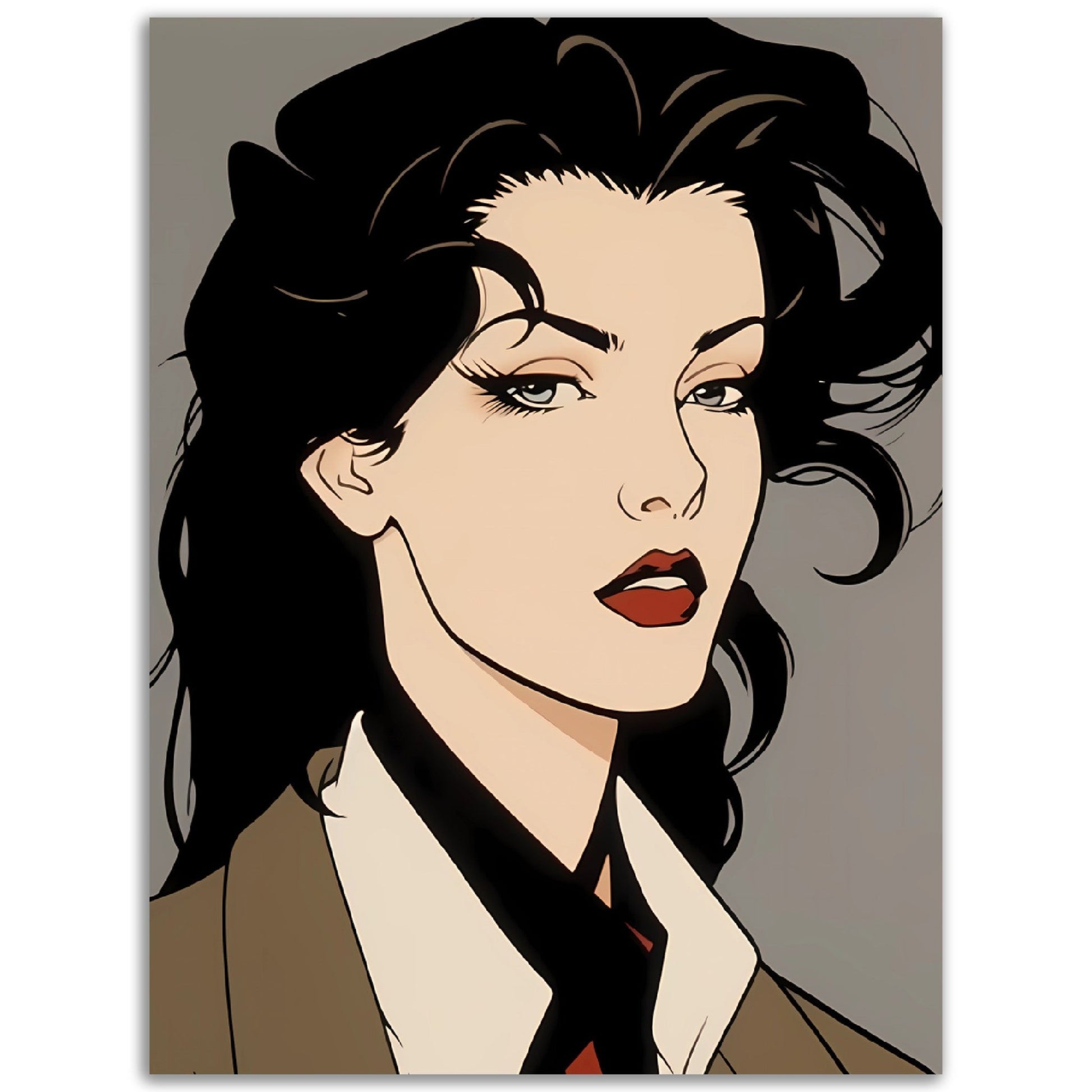 A black and white drawing of a woman in a suit, available as high quality Retro Diana posters.