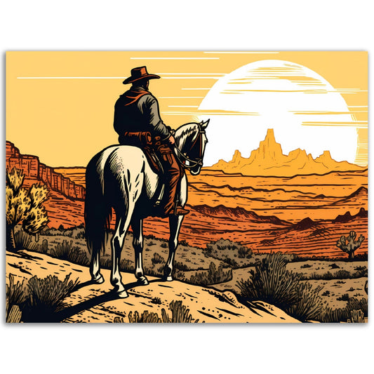 Colorful Ride On posters for room decor featuring a cowboy riding a horse in the desert.