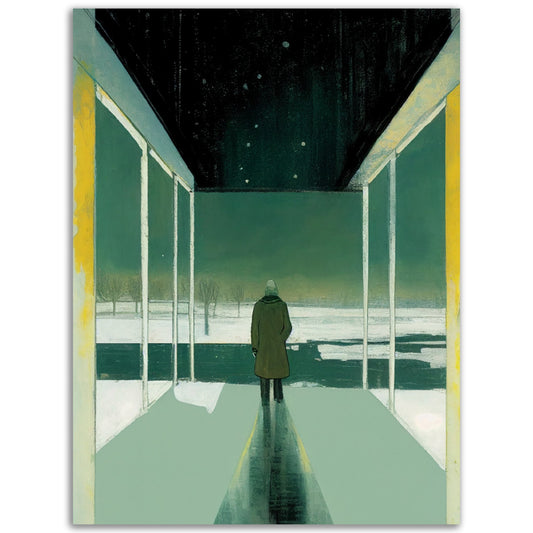 A poster of "Same Time, Same Place," a man standing in a snowy room, perfect for adding colored wall art to any room.