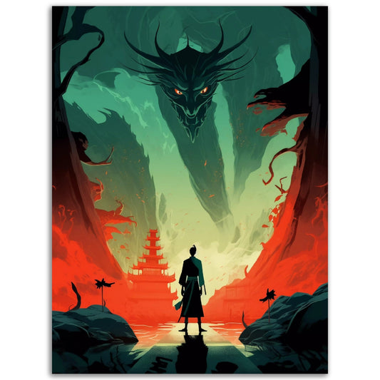 A Pop Art poster capturing a Samurai At End standing fearlessly before a majestic dragon, perfect for enhancing any room as striking colored wall art.