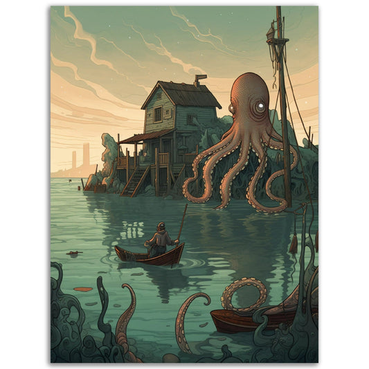 A Pop Art illustration of an octopus and a boat in the water, perfect for fans of Seaside Village Guardian wall art and high-quality posters.