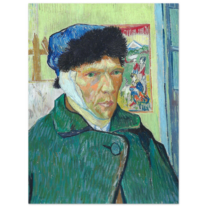 A high quality colored Self-Portrait with Bandaged Ear art poster featuring a man with a bandage on his head.