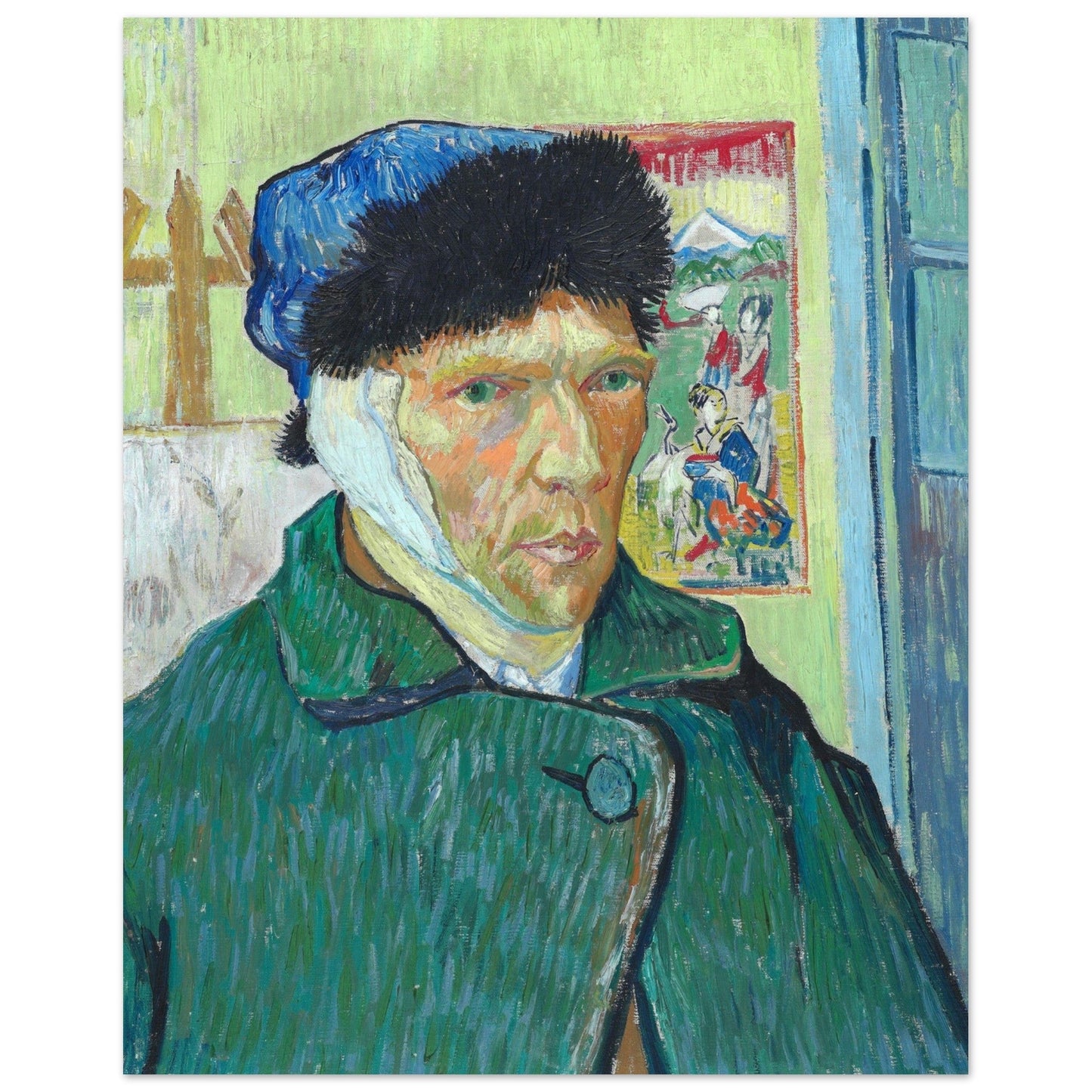 A high-quality "Self-Portrait with Bandaged Ear" wall art featuring a man with a bandage on his head.