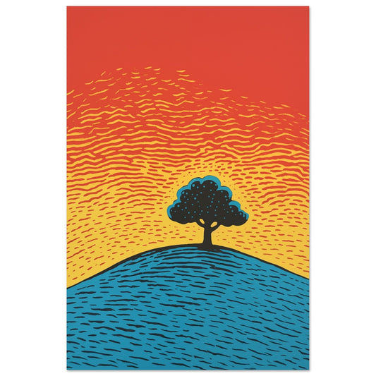 A Serene Horizon poster displaying a tree on top of a hill, perfect wall art for any room.