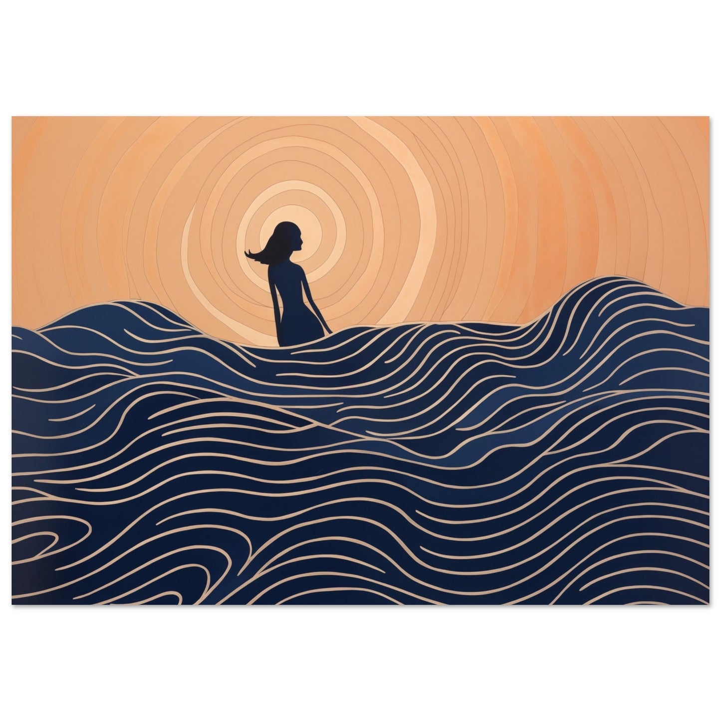 A stunning colored wall art featuring Serenity Amidst the Swell, a silhouette of a woman in the ocean, with breathtaking waves in the background.