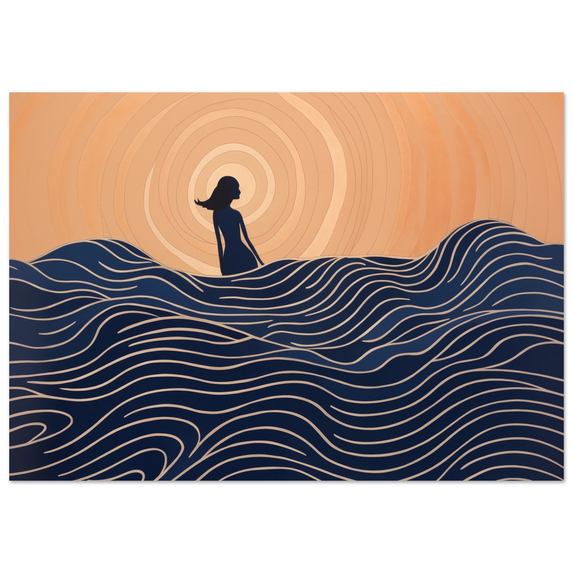 A stunning colored wall art featuring Serenity Amidst the Swell, a silhouette of a woman in the ocean, with breathtaking waves in the background.