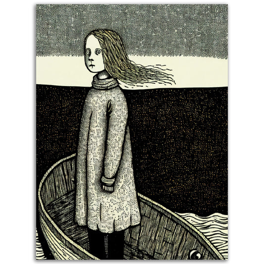 A high quality She Sails poster of a girl in a boat, perfect for adding wall art to any room.