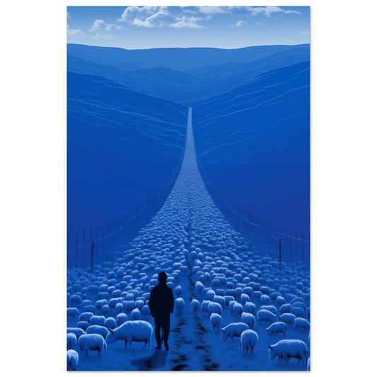 A man is walking down a road with sheep in the background, framed in a Shepherd's Dream Count poster.